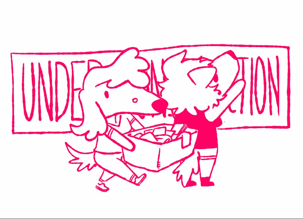 Doodle: Pommy and Phobia, two adorable chibi pups, are carrying around boxes of stuff and putting up a big Under Construction sign 