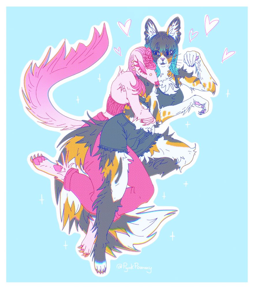 Illustration ; pink borzoi dog girl Pom-Pom holding fluffy big ear calico colored kitty girl Winter by the waist from behind and nuzzling over her shoulder with a knee between her legs; they both have big fluffy tails and Winter has her paws up, like, nya~ and there's hearts and stuff it's very cute and colorful