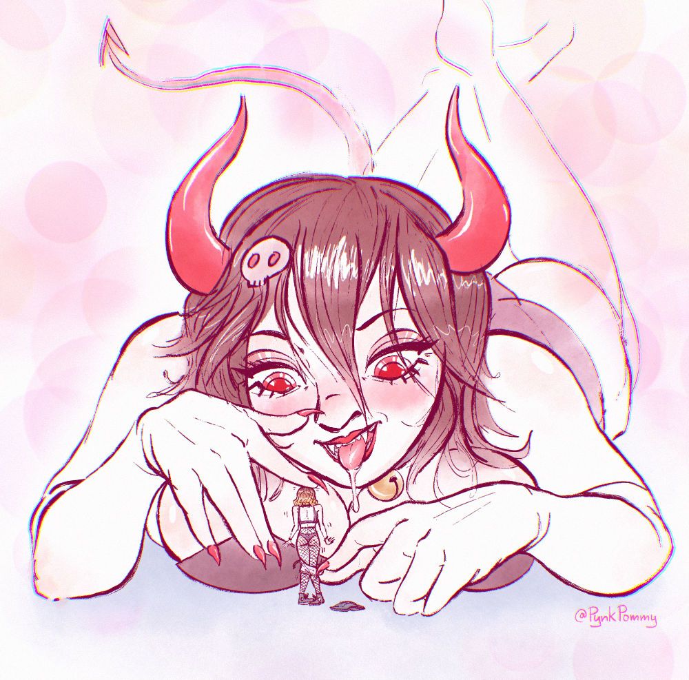 Illustration of Ana, a giant drooling succubus with red horns and glowing red eyes, laying on her tummy and kicking her feet up as she eagerly undresses a comparatively tiny trembling girl with wavy hair, sliding her shorts down her fishnets, a discarded top laying nearby