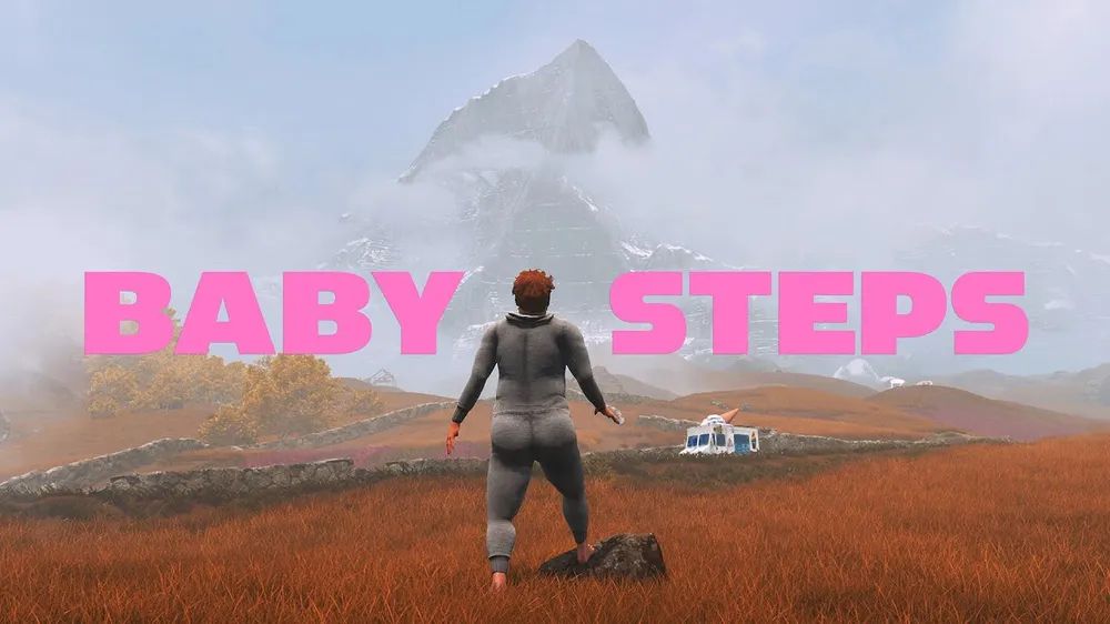 A photo of the box art for Baby Steps. The character Nate is facing mountain in the distance, a broken down ice cream truck on the side of the road and the title is colored pink