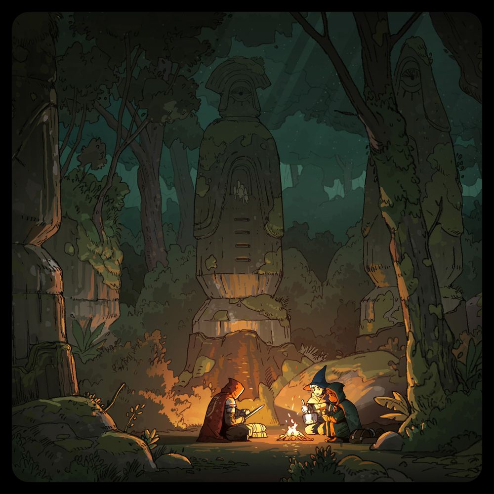 in this concept art by Gardens art director @Phandy.bsky.social, three figures sit around a campire fire beneath huge, mossy stone statues. a red-cloaked character sits and sharpens their blade with a whetstone, and the other two (one wearing a blue wizard-like hat, the other in a hooded teal cloak) are collaborating over a pot of stew.