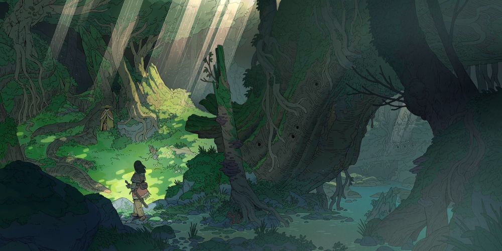 illustration by Ben McEntee (@benmce.bsky.social). two strangers meeting in a dark forest with rays of light peeking through the thick canopy. they're both equipped with swords.