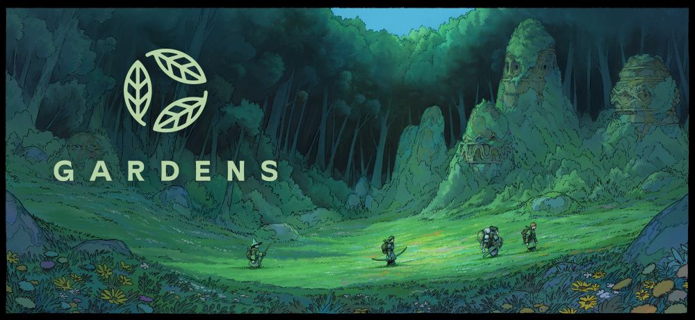 gardens key art depicting companions crossing a forest clearing, one adventurer carrying an injured companion, mysterious totems in the background  