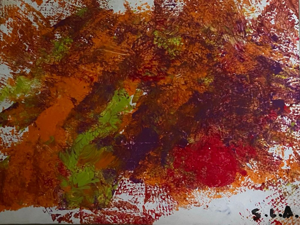 Abstract acrylic painting featuring reds, oranges and greens.