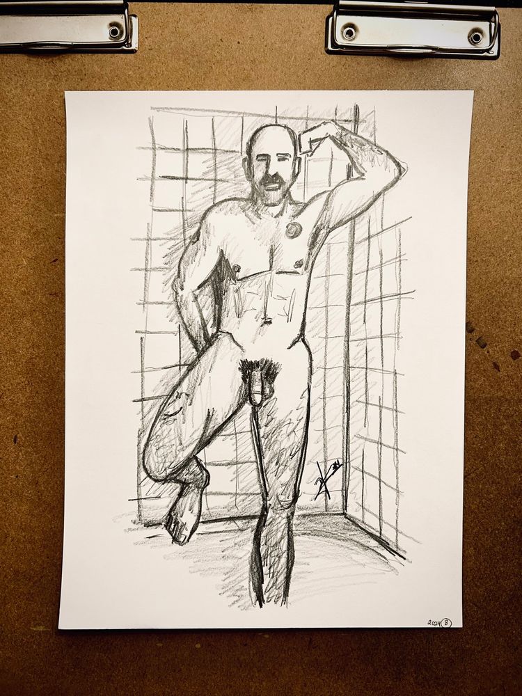 Drawing of nude muscular male flexing in the shower