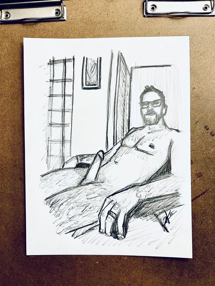 Graphite drawing of male model posing nude in chair 