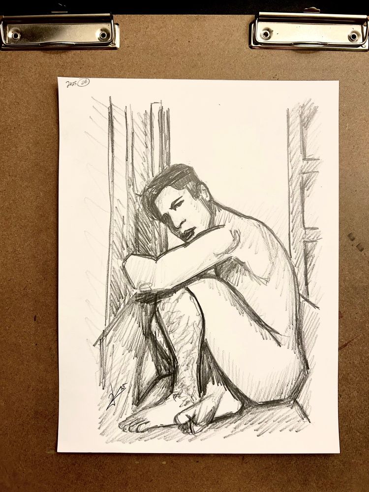Pencil drawing of a male model posing in a chair