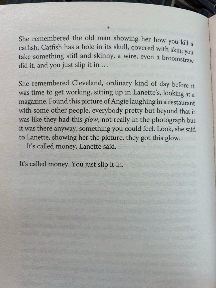 She remembered the old man showing her how you kill a catfish. Catfish had a hole in its skull, covered with skin; you take something stiff and skinny, a wire, even a broomstraw did it, and you just slip it in…

She remembered Cleveland, ordinary mind of day before it was time to get working, sitting up in Lanette’s, looking at a magazine.  Found this picture of Angie laughing in a restaurant with some other people, everybody pretty but bey me that it was like they had this glow, not really in the photograph but it was there anyway, something you could feel. Look, she said to Lanette, showing her the picture, they got this glow. 

It’s called money, Lanette said. 

It’s call money. You just slip it in. 