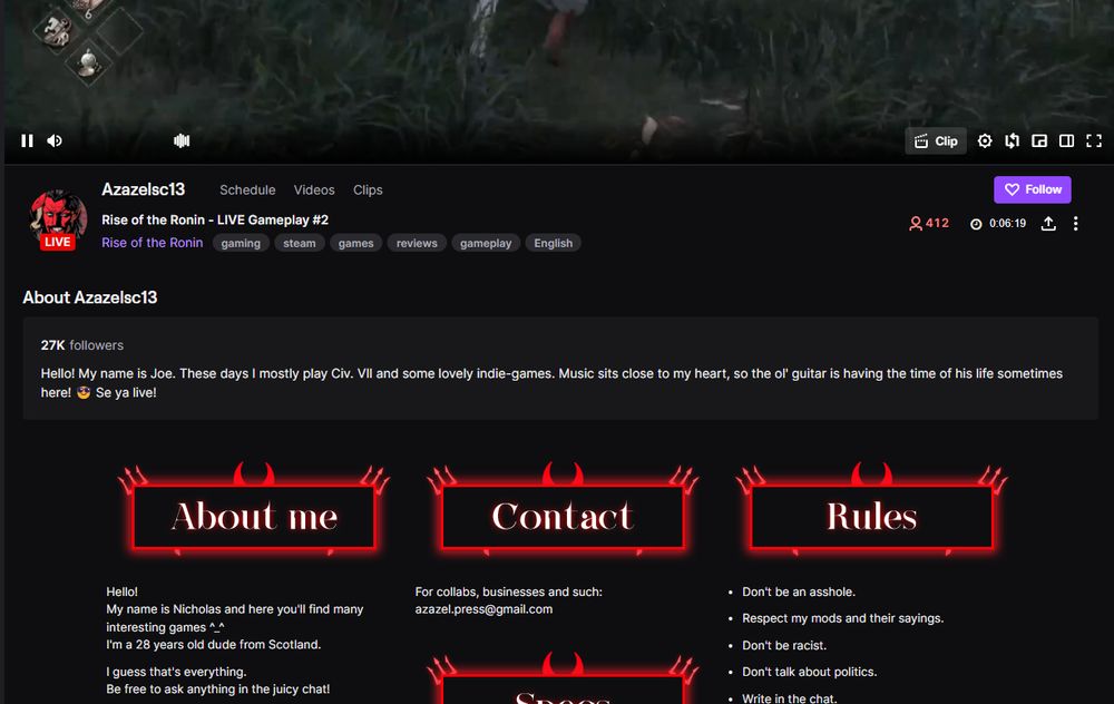 Screenshot of the about section from channel Azazelsc13. Short description begins "Hello! My name is Joe." Long description begins "Hello! My name is Nicholas!"