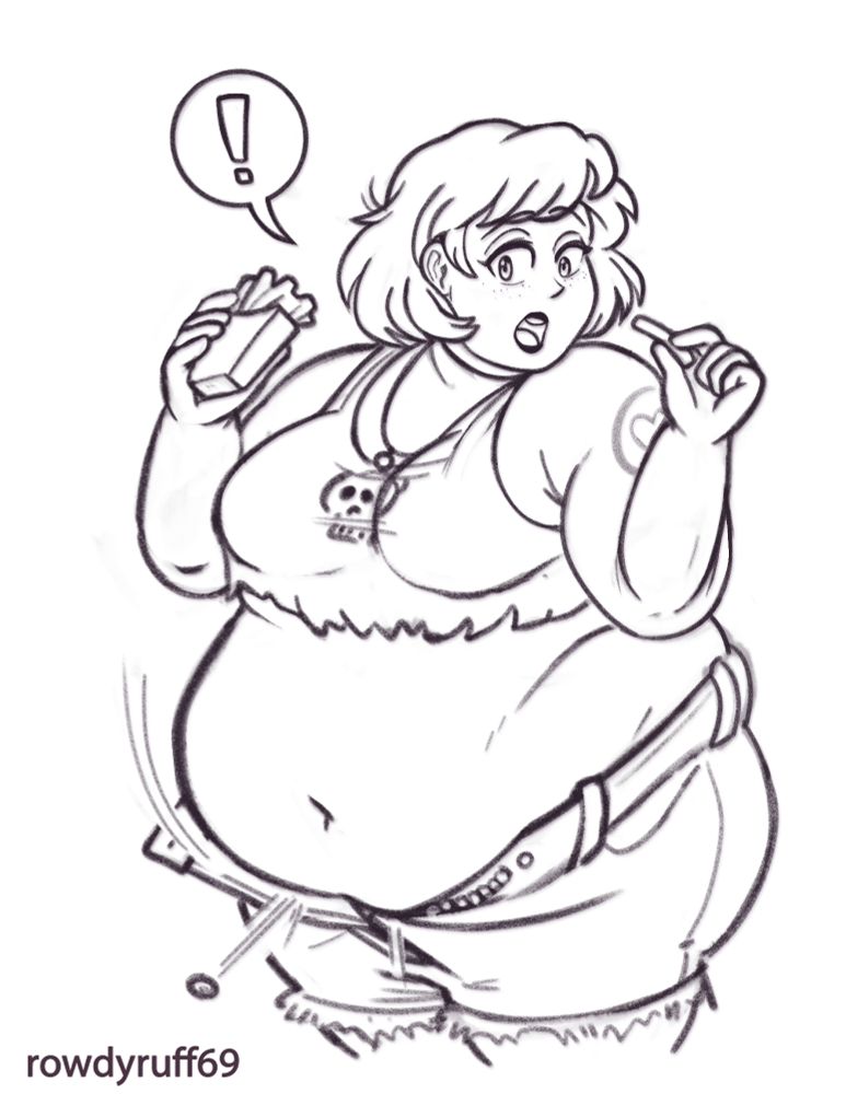 Digital sketch of the character- she looks surprised as her big belly pops the button off of her shorts while she's eating french fries. 