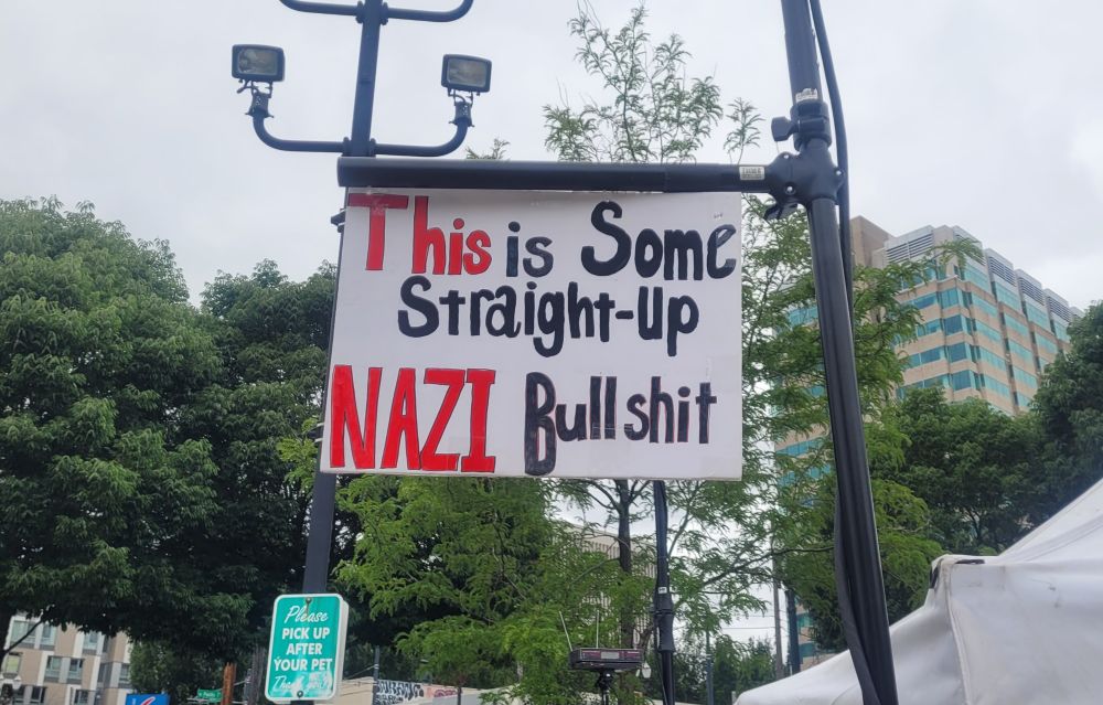 Signage on a lamp post in NE Portland for the No Kings/fuck your birthday massive protests on June 14, 2025. Words in black and red: This is some straight-up Nazi bullshit.