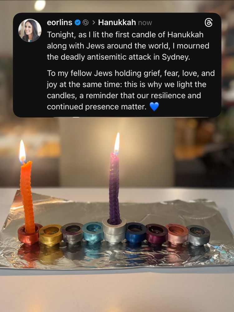 Tonight, as I lit the first candle of Hanukkah along with Jews around the world, I mourned the deadly antisemitic attack in Sydney.

To my fellow Jews holding grief, fear, love, and joy at the same time: this is why we light the candles, a reminder that our resilience and continued presence matter. 💙