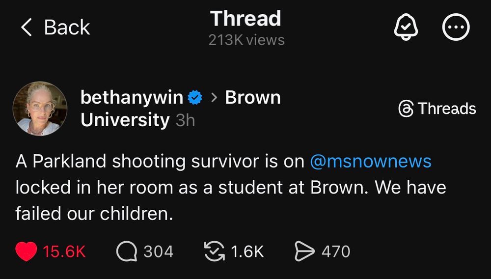 A Parkland shooting survivor is on @msnownews locked in her room as a student at Brown. We have failed our children.