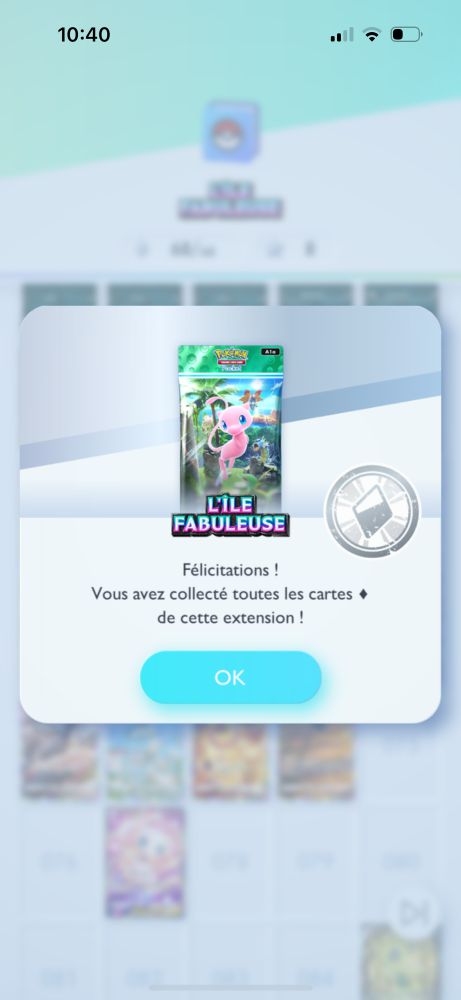 Application Pokémon TCGP avec extension Île fabuleuse complétée.