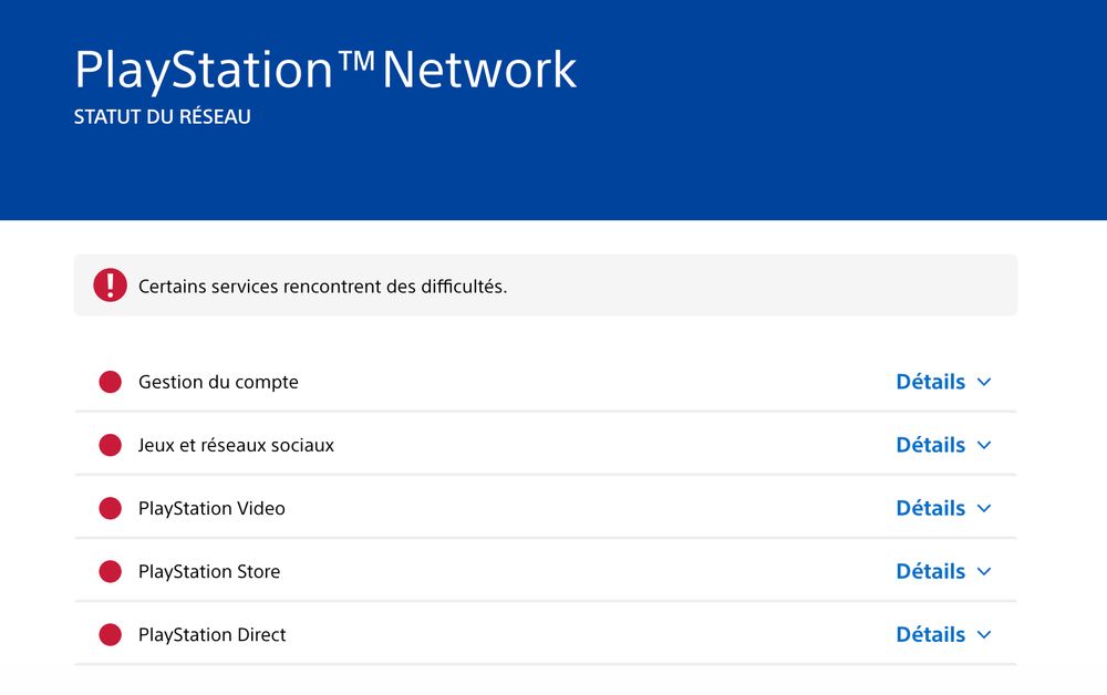 État actuel du PlayStation Network indiquant une panne