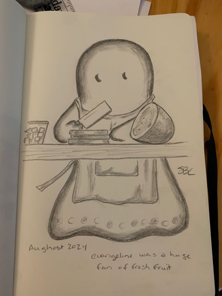 A cute ghost cuts up a watermelon while wearing an apron