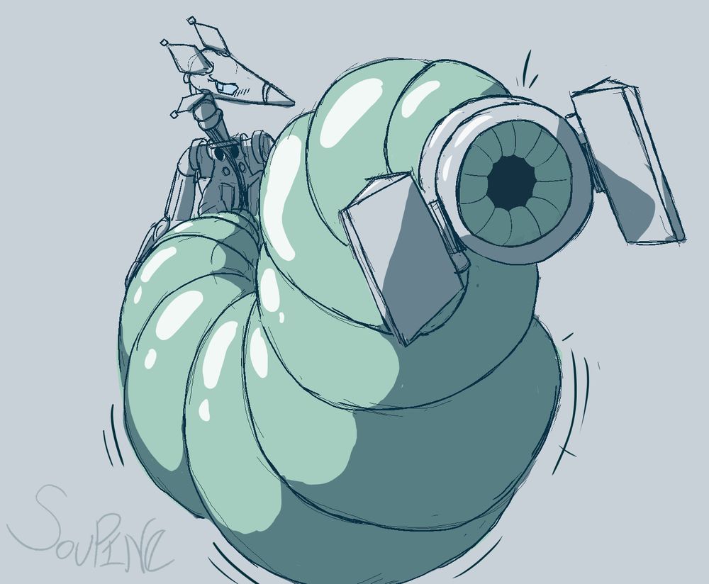 back view of robot Soupine with their rubbery green tail pointed at the viewer