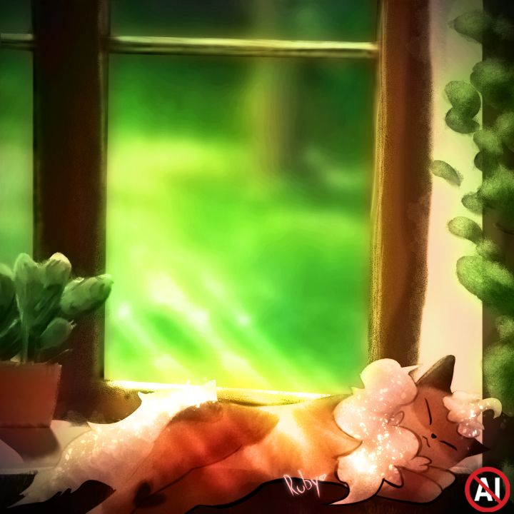 my fursona eeping against the window with light rays going across the fur and souranded by plants and folage. 