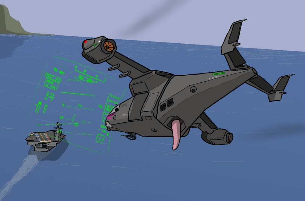 The AV-42C "Kestrel" aircraft from the game VTOL VR. It's flying towards an aircraft carrier, while looking back at the viewer with an eye on the canopy. It's got an arrestor hook which is suspiciously penis-like.