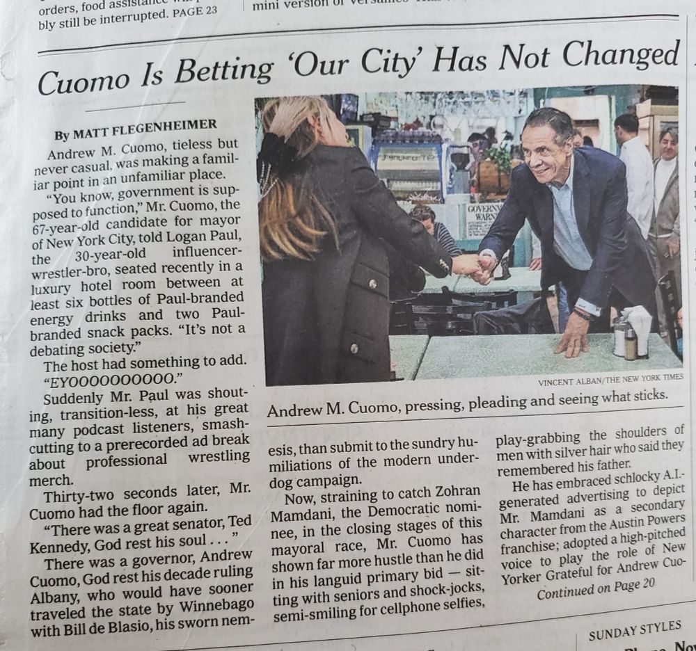 NY Times article published on November 2nd about Andrew Cuomo's campaign for NYC mayor 