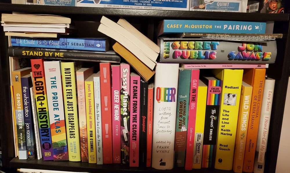 A book shelf crammed with LGBTQ+ titles