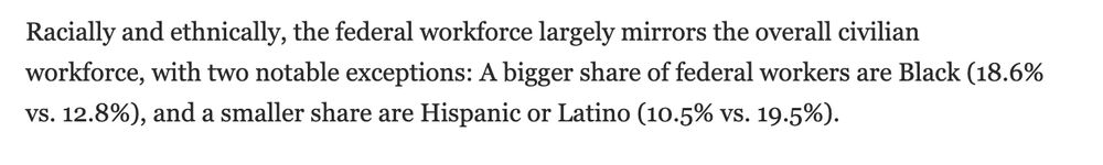 screen shot from an article at PewResearch that says "Racially and ethnically, the federal workforce largely mirrors the overall civilian workforce, with two notable exceptions: A bigger share of federal workers are Black (18.6% vs. 12.8%) and a smaller share are Hispanic or Latino (10.5% vs. 19.5%). 