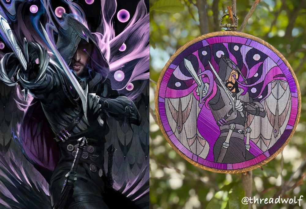 a side by side photo comparison of the original Lucanis tarot art, next to the finished embroidery based off the pattern
