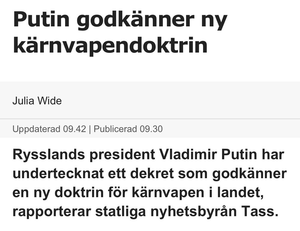 Putin godkänner kärnvapendoktrin på internationella mansdagen