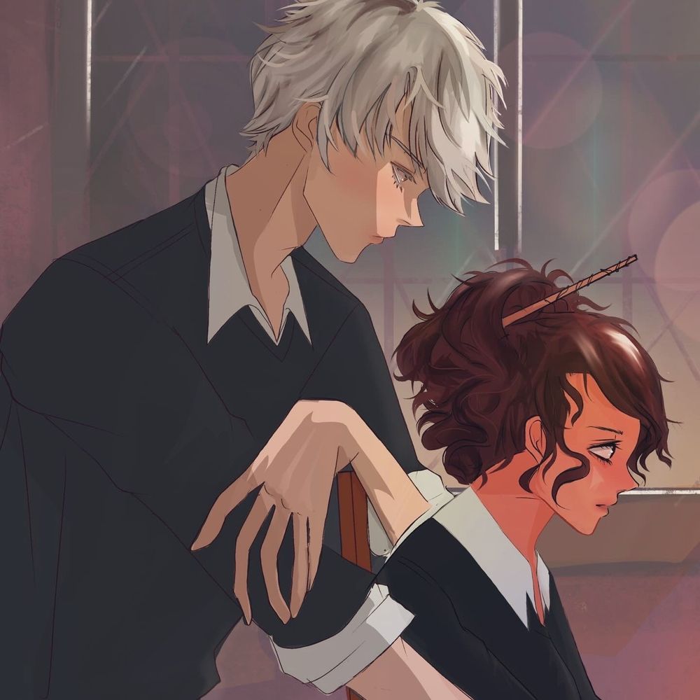 Draco & Hermione on the 5th year, studying in a library with Draco looking at her table direction from her back. Hermione looks surprised by his closeness. Lionheart fanart.