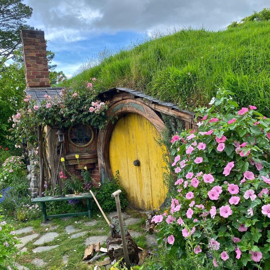 Hobbiton cottage with a yellow painted round door and beautiful pink climbing vines, in New Zealand, November 10, 2019