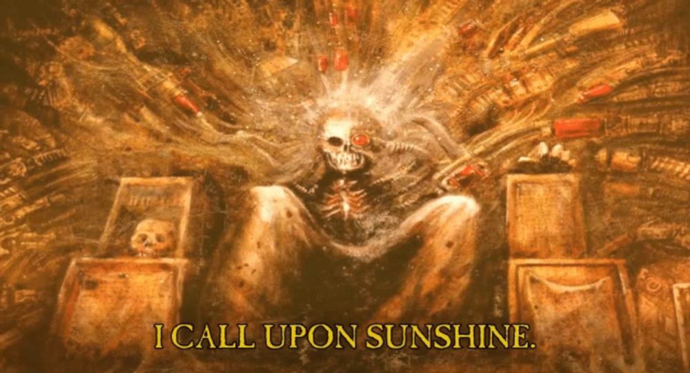 a painting of a skeleton with the words " i call upon sunshine "