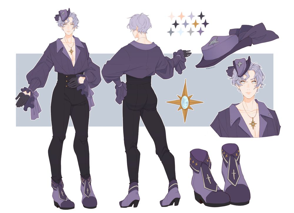 Image of myself Atlas Eris with a fully body front and back pose, my shoes, color pallette, hat, necklack and bust shot