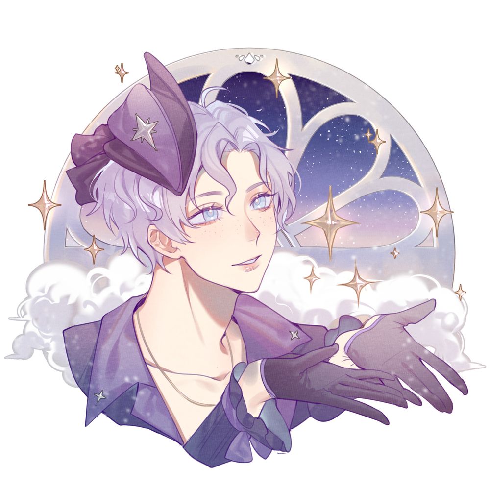 Image of myself Atlas Eris on a white background in front of a window with the night sky outside, and clouds behind me, with my hands out admiring stars around me