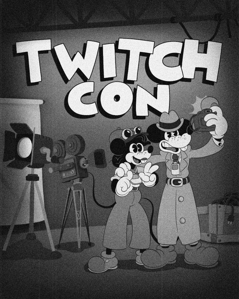 Image of Tammy and Jack Pepper from MOUSE: P.I. For Hire taking a selfie in front of a TwitchCon sign on a film set.