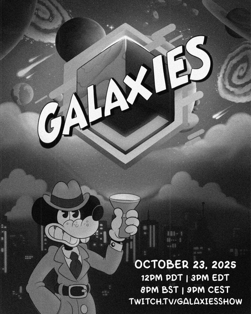 Image of Jack Pepper from MOUSE: P.I. For Hire holding a flashlight to a starry sky, where you can see the logo for Galaxies Showcase. Text on the bottom right reads: October 23, 2025 12PM PDT | 3PM EDT | 8PM BST | 9PM CEST & the link to the showcase: twitch.tv/galaxiesshow