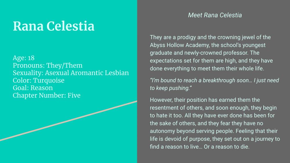 (Left side; turquoise background, mint text) 

Rana Celestia

Age: 18
Pronouns: They/Them
Sexuality: Asexual Aromantic Lesbian
Color: Turquoise
Goal: Reason
Chapter Number: Five

(Right side; gray background, mint text)

Meet Rana Celestia

They are a prodigy and the crowning jewel of the Abyss Hollow Academy, the school’s youngest graduate and newly-crowned professor. The expectations set for them are high, and they have done everything to meet them their whole life.

“I’m bound to reach a breakthrough soon… I just need to keep pushing.”

However, their position has earned them the resentment of others, and soon enough, they begin to hate it too. All they have ever done has been for the sake of others, and they fear they have no autonomy beyond serving people. Feeling that their life is devoid of purpose, they set out on a journey to find a reason to live… Or a reason to die.