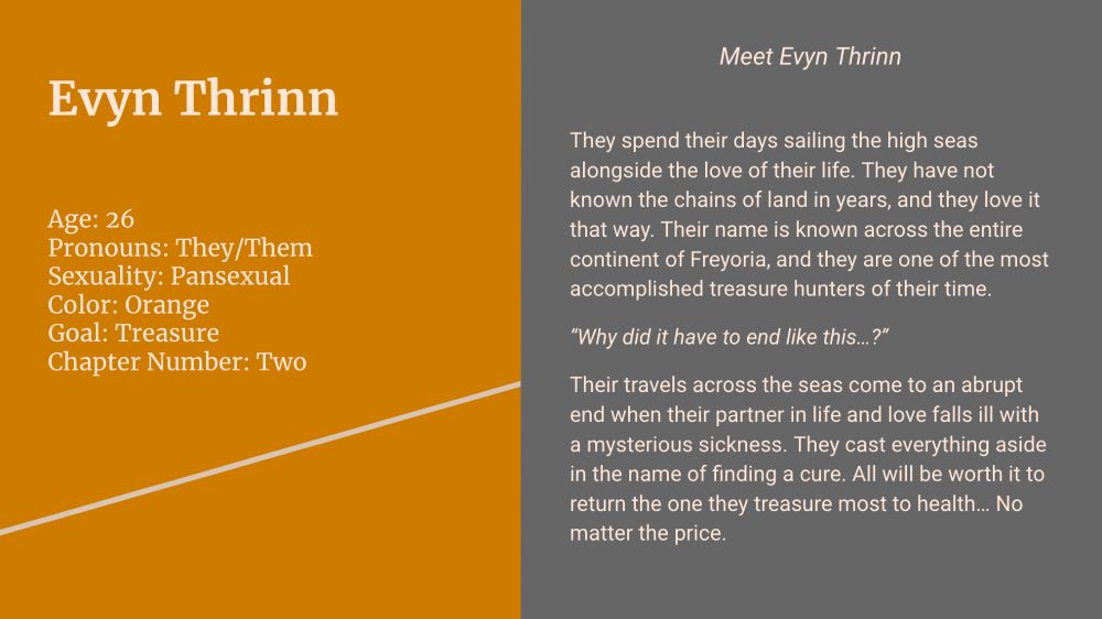 (Left side; orange background, peach text)

Evyn Thrinn

Age: 26
Pronouns: They/Them
Sexuality: Pansexual
Color: Orange
Goal: Treasure
Chapter Number: Two

(Right side; gray background, peach text)

Meet Evyn Thrinn

They spend their days sailing the high seas alongside the love of their life. They have not known the chains of land in years, and they love it that way. Their name is known across the entire continent of Freyoria, and they are one of the most accomplished treasure hunters of their time.
“Why did it have to end like this…?”
Their travels across the seas come to an abrupt end when their partner in life and love falls ill with a mysterious sickness. They cast everything aside in the name of finding a cure. All will be worth it to return the one they treasure most to health… No matter the price.