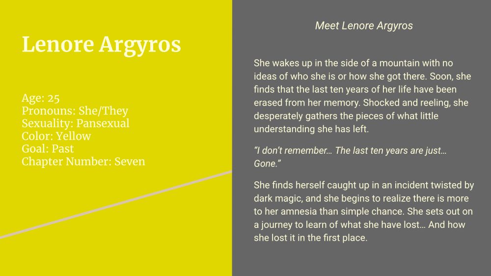 (Left side; yellow background, lemon text)

Lenore Argyros

Age: 25
Pronouns: She/They
Sexuality: Pansexual
Color: Yellow
Goal: Past
Chapter Number: Seven

(Right side; gray background, lemon text)

Meet Lenore Argyros

She wakes up in the side of a mountain with no ideas of who she is or how she got there. Soon, she finds that the last ten years of her life have been erased from her memory. Shocked and reeling, she desperately gathers the pieces of what little understanding she has left. 

“I don’t remember… The last ten years are just… Gone.”

She finds herself caught up in an incident twisted by dark magic, and she begins to realize there is more to her amnesia than simple chance. She sets out on a journey to learn of what she have lost… And how she lost it in the first place. 