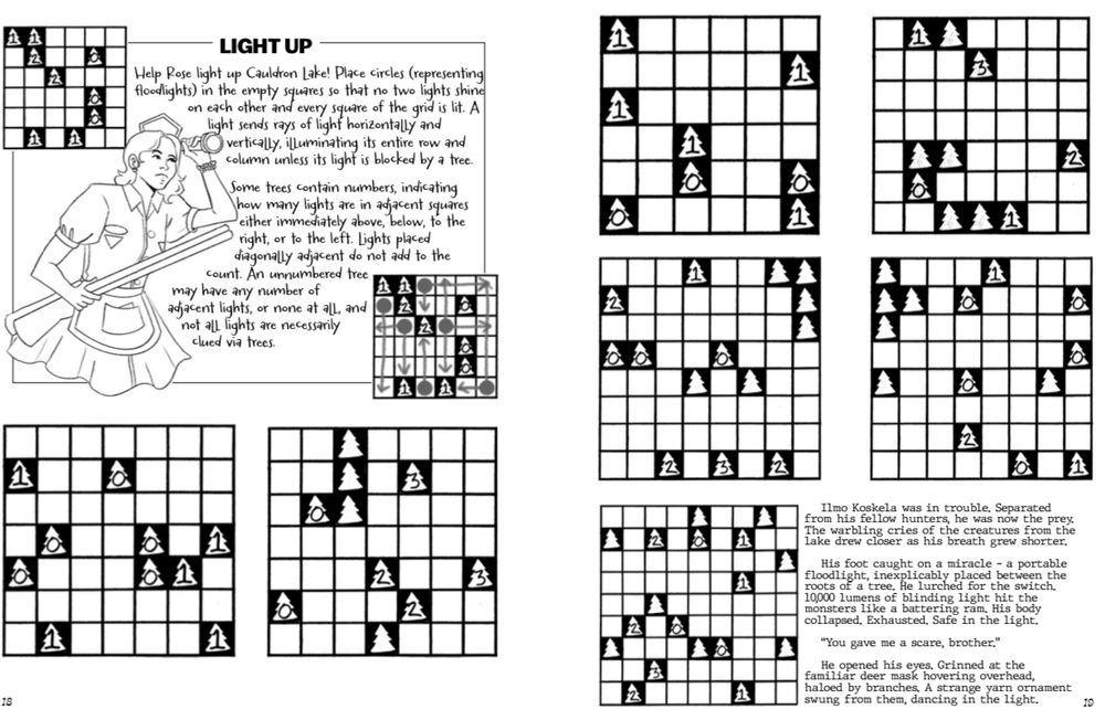 A screenshot of a spread from the activity book. It depicts a puzzle called "LIGHT UP" where the user has to determine the location of "lights" in the woods using logic. There is a drawing of Rose Marigold on top of the instructions and a manuscript page about the Koskela brothers.