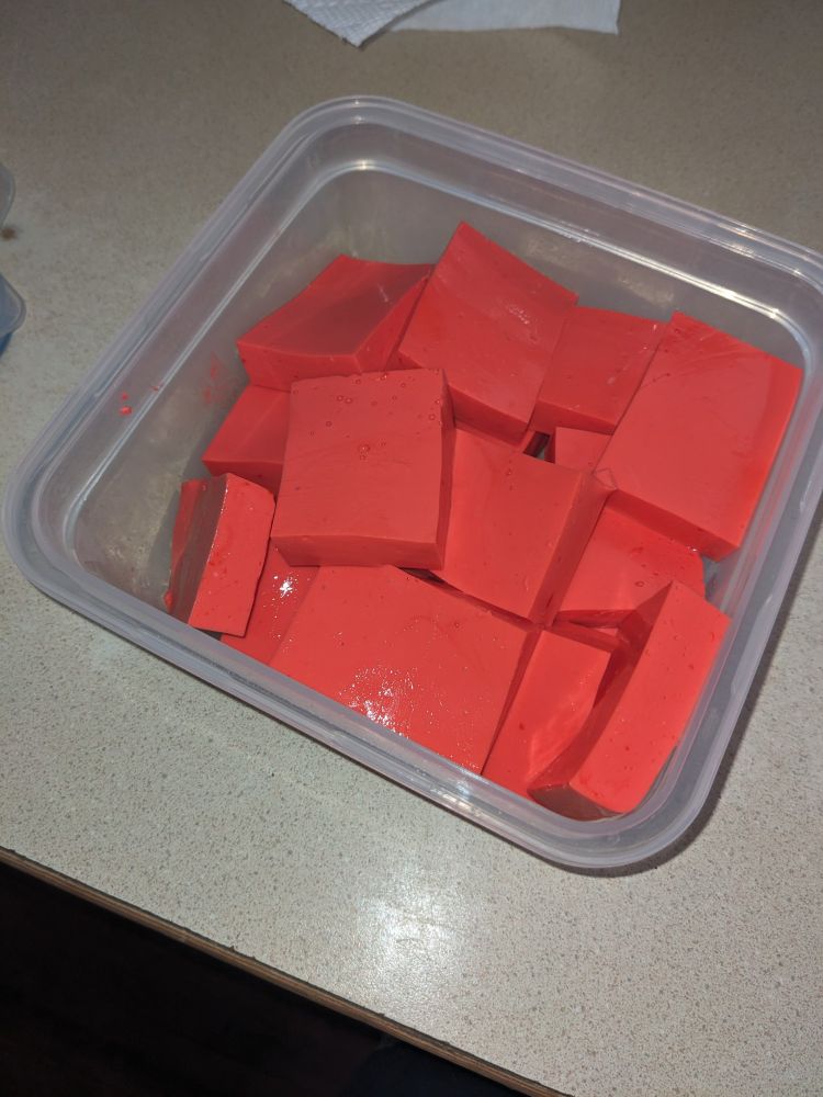 A tupperware container filled with red rectangular prisms