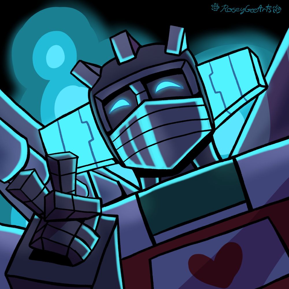 Wheeljack throwing up a peace sign. The panels on the side of his head are lit up. There is a big blue explosion behind him.

Artist signature in upper right corner "RoseyGeeArts"