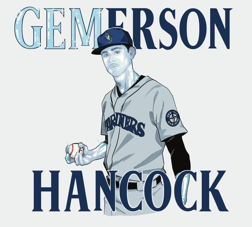 A digital drawing of Seattle Mariners pitcher Emerson Hancock in uniform with a baseball hat facing forward, with his skin having a crystal, gem like blue-white effect. His left arm is held at his side and in his right hand he is clutching a baseball, held from underneath about a few inches higher than his belt. Text above and below him reads: Gemerson Hancock