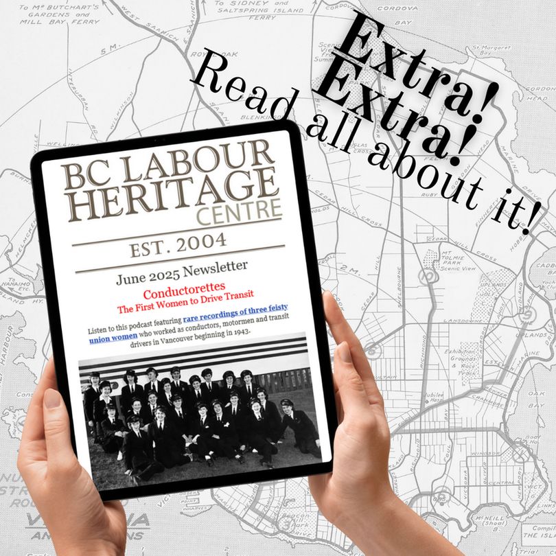 Hands holding tablet displaying photograph of women in uniforms. June 2025 Newsletter. Conductorettes, The First Women to Drive Transit.