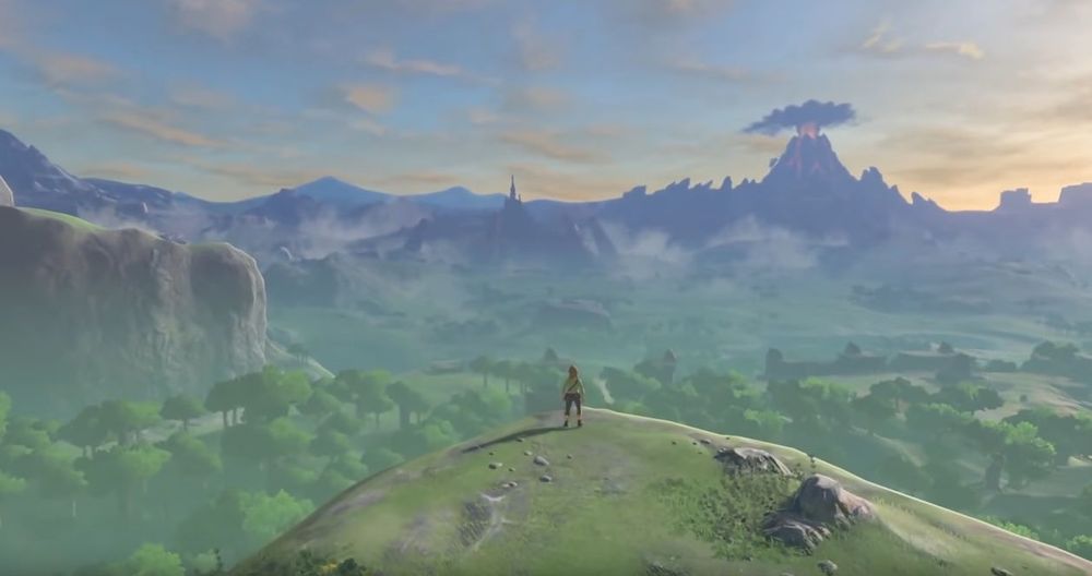 Screenshot de Breath of the Wild, Link contemple Hyrule depuis une corniche sur la plateau du prélude