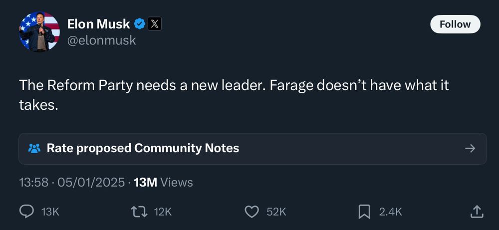 A screenshot of a Tweet by Elon Musk saying Nigel Farage should be replaced as head of Reform.