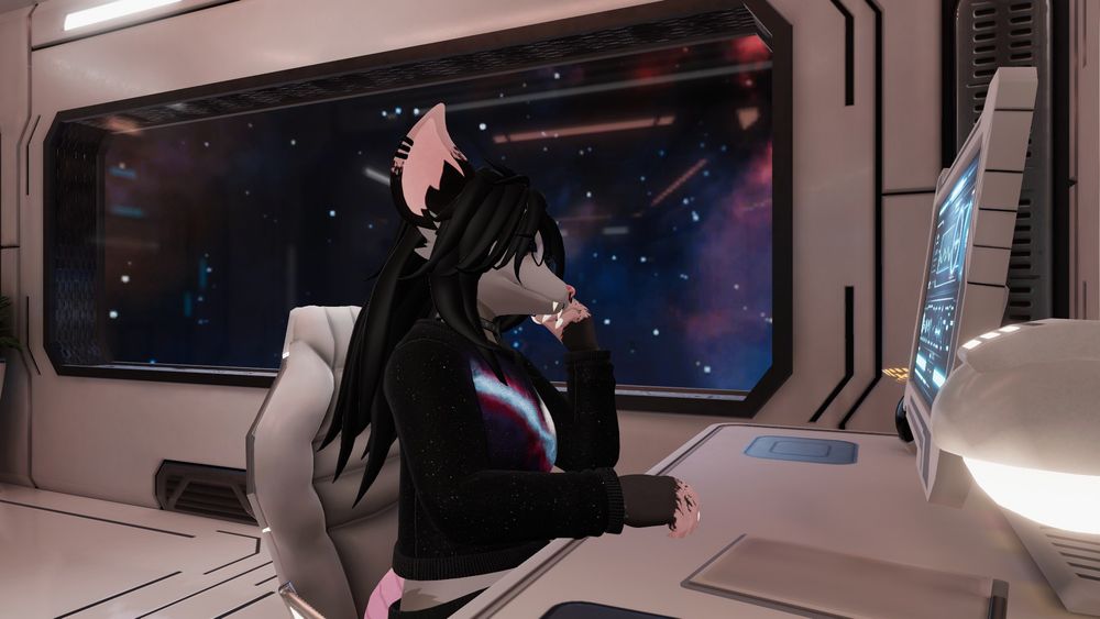 Opossum fursona with nebula sweater looking at sci-fi computer screen with a view of space in the background
