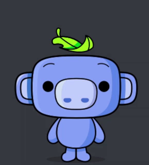 a blue cartoon character with a green leaf on top of his head