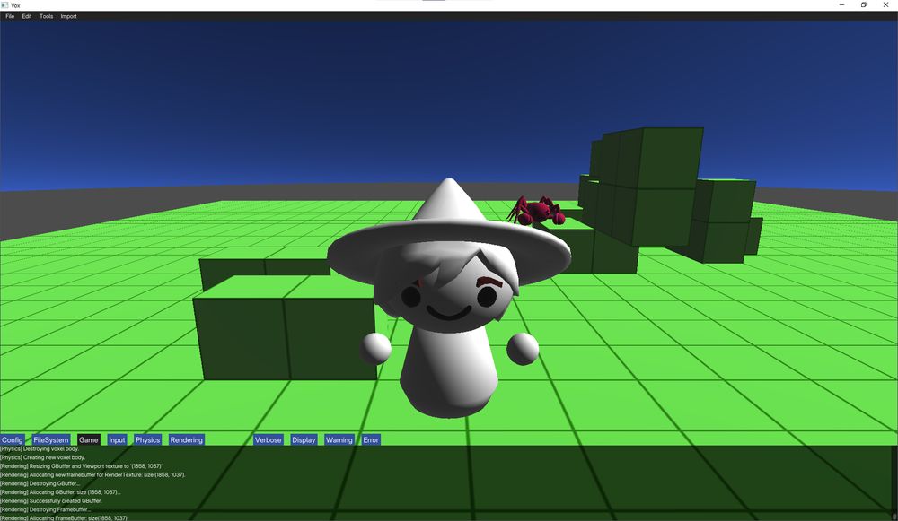 an image depicting a white character on a region made of green cubes
visible at the bottom of the screen are categories with blue buttons
'Config', 'FileSystem', 'Game', 'Input', 'Physics', 'Rendering', 'Verbose', 'Display', 'Warning', and 'Error' are shown, with 'Game' being black instead of blue.
Below this is a list of log entries from a game engine