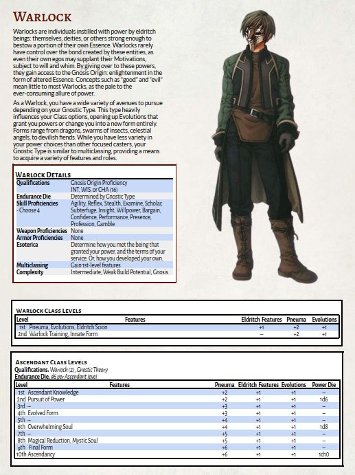 This image displays the intro page for the Warlock. It has its base class abilities, some details, and the Ascendant ADV class displayed.

It's too much to type here, but there's also art of a witch taken from Suikoden III as a place-holder for final art, by Fumi Ishikawa.