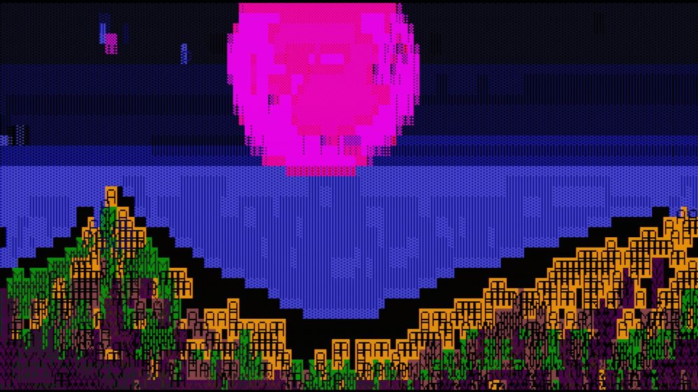a purple sun over rocky hills and trees, drawn using 2x sized ascii glyphs with overlaps. It's pixelated, blocky, messy, and impressionistic.